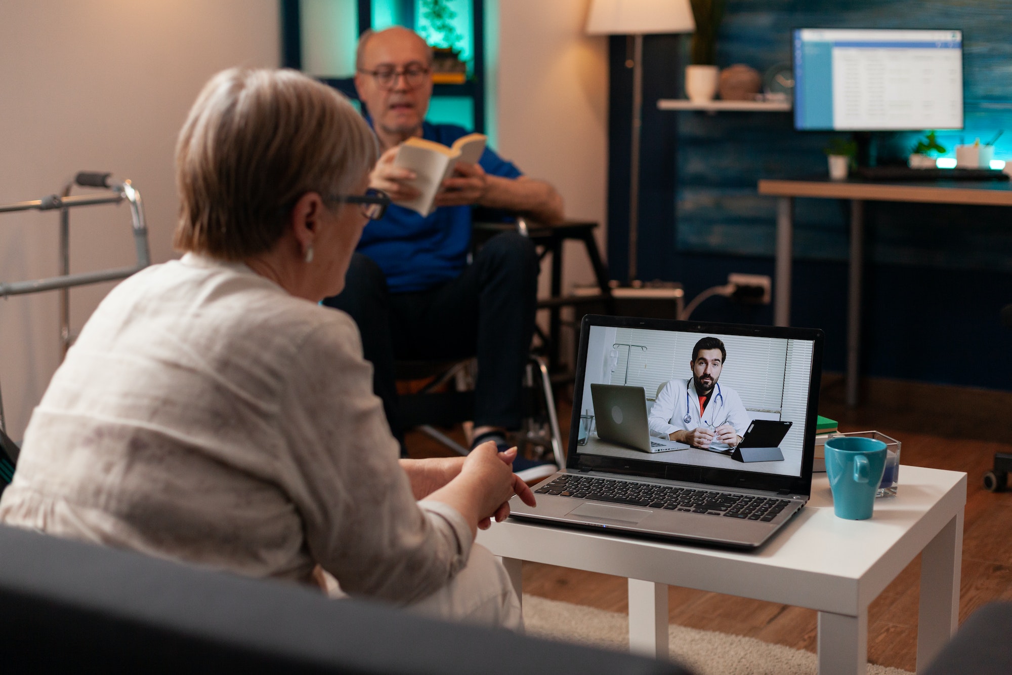 Sick elder patient using telemedicine on video call